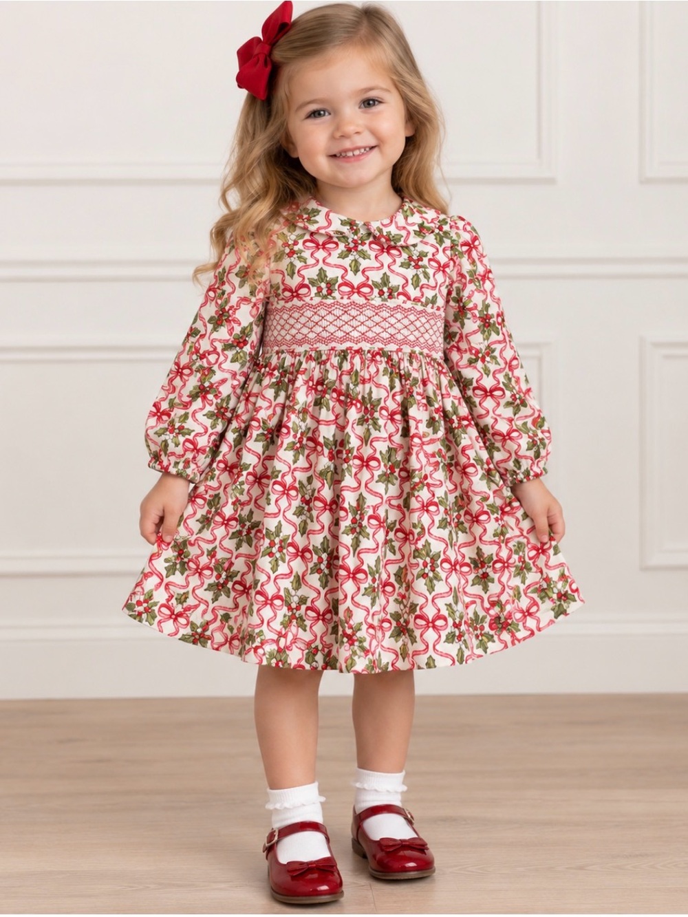 Iris & Ivy Holly Smocked Christmas Dress Girls 3T Ivory Red NWT $45